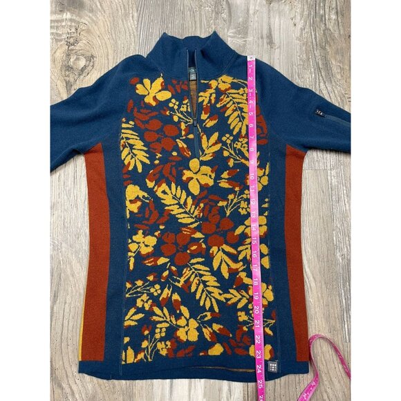 Title Nine 1/4 Zip Floral Sweater Small Zip Arm Pocket Merino Wool Blend Golfing - Picture 7 of 7